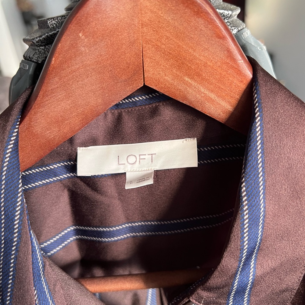 LOFT Women’s Silky Brown and Blue Striped Button-Down Shirt - Picture 2 of 4